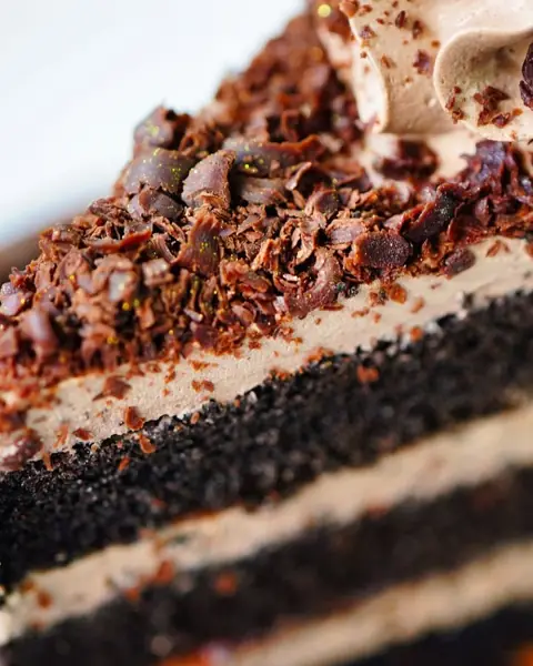 Slice of eggless dark chocolate fudge cake